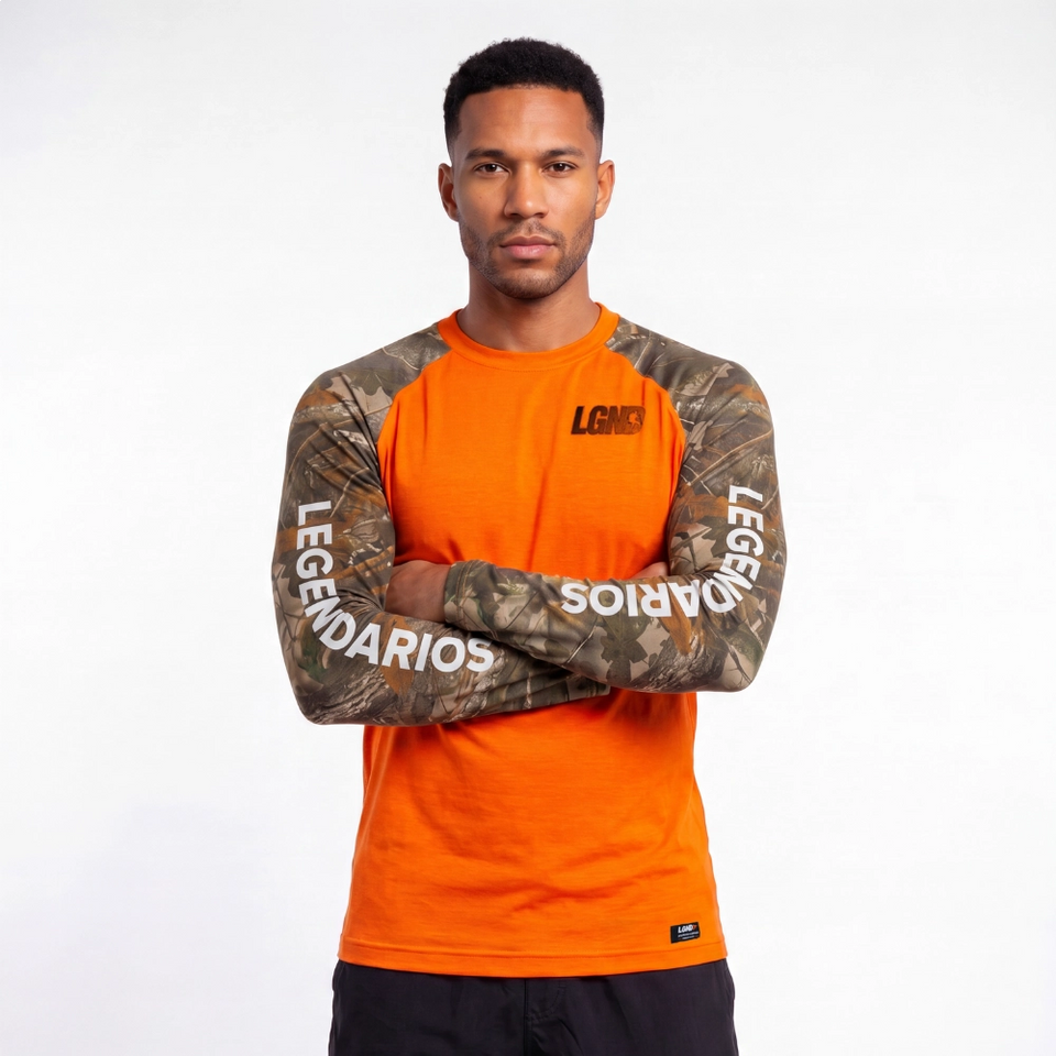 Long-Sleeve Dry-Fit T-Shirt with Camouflage Sleeves – Orange