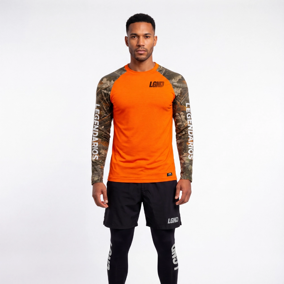 Long-Sleeve Dry-Fit T-Shirt with Camouflage Sleeves – Orange